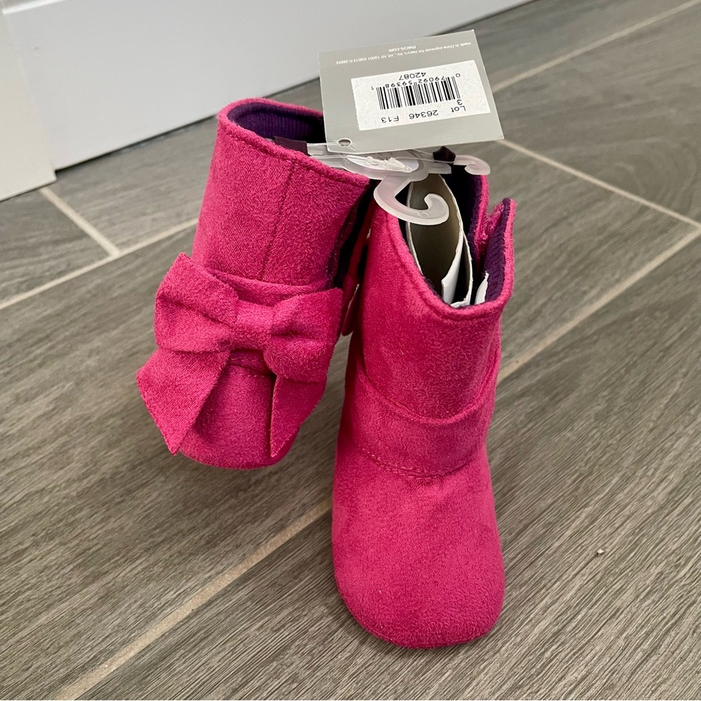 Fuchsia Pink Suede-Like Baby Crawling Boots Bow Soft Sole Velcro Close 6 to 9M